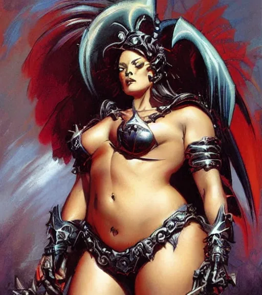 Image similar to portrait of plus size female chaos angel, beautiful! coherent! by frank frazetta, by brom, strong line, deep color, spiked metal armor, maximalist