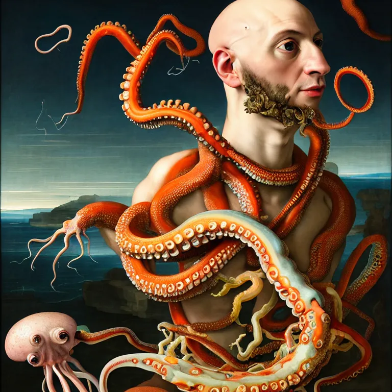 Prompt: young bald man wearing exoskeleton, standing in a shell, holding a squid, octopus, sea in the background, beautiful baroque portrait painting, psychedelic, trippy, hallucination, dream, beautiful detailed intricate insanely detailed octane render trending on Artstation, 8K artistic photography, photorealistic, chiaroscuro, Raphael, Caravaggio