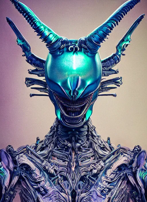 Image similar to hybrid humanoid androgyne muse with recursively horned wing crown attached to side of xenomorphic head, concept art, sculpted iridescent optical mineralogy features, xenomorphic, intricate detail, holographic, pixel sorting, style by James Jean, circuitry, organic detail, asymmetry, cinematic, epic wide shot, ultra detailed, artstation, sharp focus,smooth, cinematic lighting, cinematic detail, composition, photorealistic, render in unreal engine 5, golden ratio, 8k render