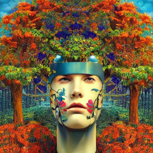 Prompt: A colorful, detailed print - A portrait of a robot with the top of its head composed of flowers and vines inside a frame of trees. by Arnold Bocklin and Barclay Shaw, masterful print. 4k, unreal engine stunning Art Nouveau