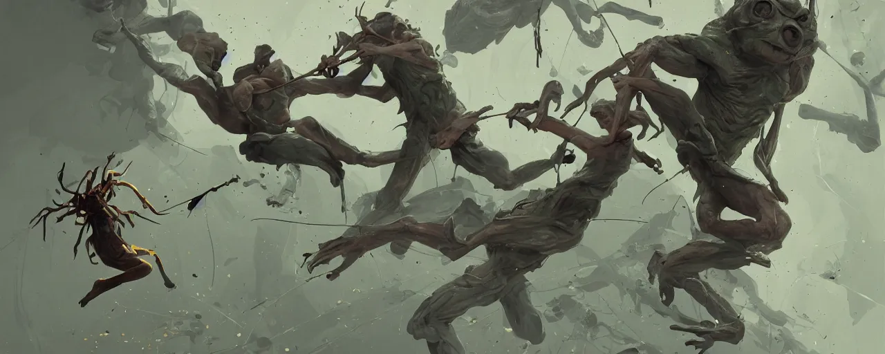 Prompt: duotone olive green grey illustration 3 / 4 portrait of gollum kun fu fighting with giant insects. dynamic chaotic composition accidental renaissance golden ratio. by sachin teng and sergey kolesov and ruan jia and heng z. graffiti art, scifi, fantasy, hyper detailed. octane render. concept art. trending on artstation