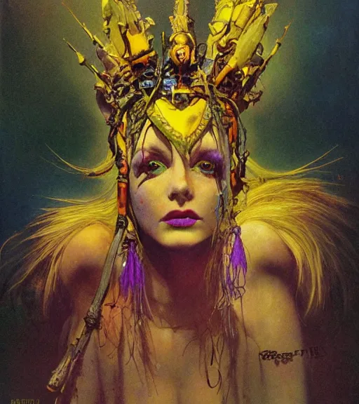 Prompt: princess of the wasteland, scrap metal headdress, strong line, vivid neon color, yellow purple, beautiful! coherent! by brian froud, by frank frazetta, low angle