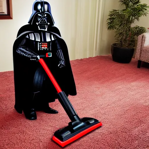 Image similar to Darth Vader vacuuming the house, photo realistic, award-winning, highly-detailed