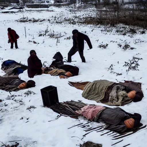 Prompt: Several bodies of dead villagers in the middle of a village in the snow