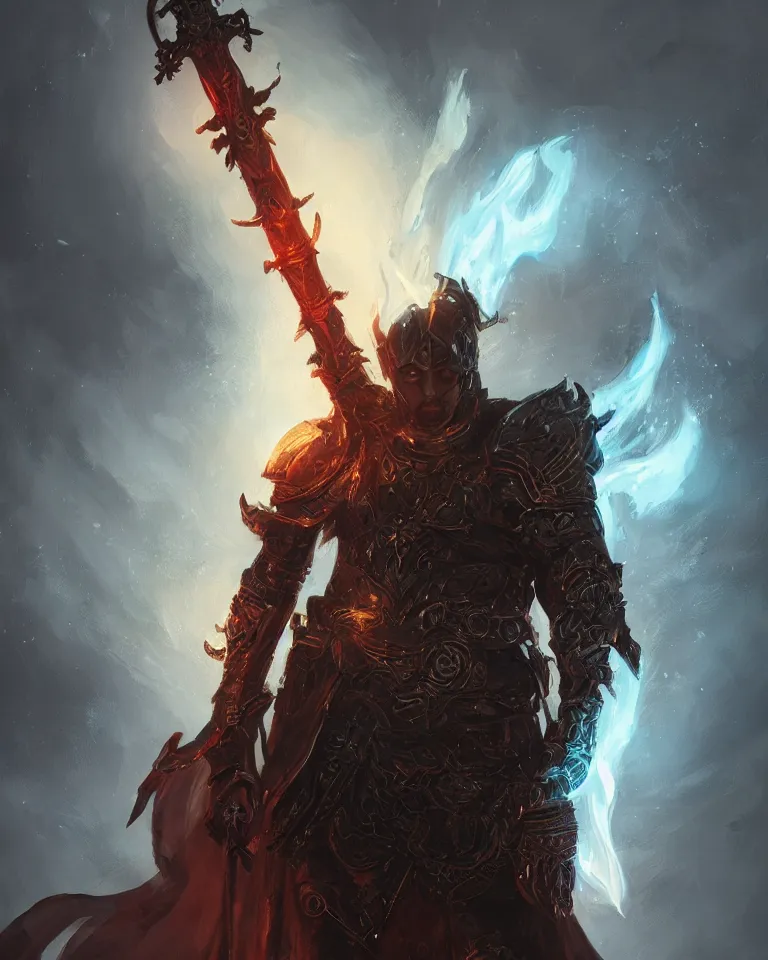 Image similar to portrait of a fantasy paladin wielding a sword with black flames, intricate baroque armour, glowing aura, trending on artstation, 4 k, greg rutkowski, concept art, matte painting