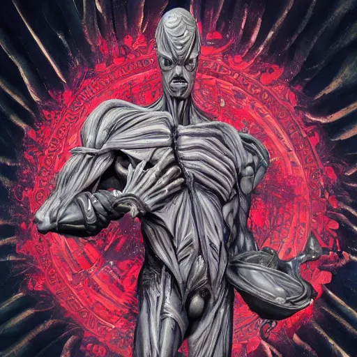 Image similar to 4K headshot of godlike Alien with defined arms and open hands and bloody clothes with giant mandala wings , intricate face , flawless anime cel animation by Kentaro Miura, psychedelic , highly detailed upper body , professionally post-processed , beautiful, scary, symmetry accurate features, epic, octane rendered, anime masterpiece, accurate by Craig Mullins, ilya kuvshinov, krenz cushart, epic , artgerm trending on artstation by Edward Hopper and Dan Mumford and WLOP and Rutkovsky, beksinski carl spitzweg moebius and tuomas kocar, intricate artwork by caravaggio, Unreal Engine 5, Lumen, Nanite