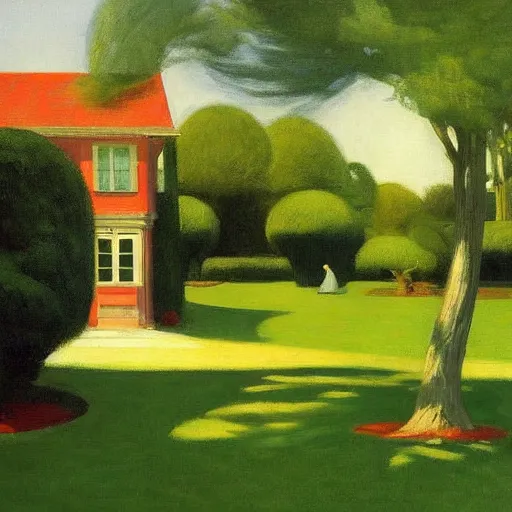 Prompt: serene garden with house in background by edward hopper, high quality, high resolution