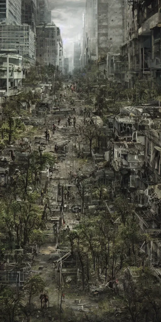 Prompt: an abandoned overgrown city, small amount of zombies lurking around, windows broken, big solo traveller walking in the middle, highly detailed, realistic, asymmetrical, octane render, cinematic, sharp focus