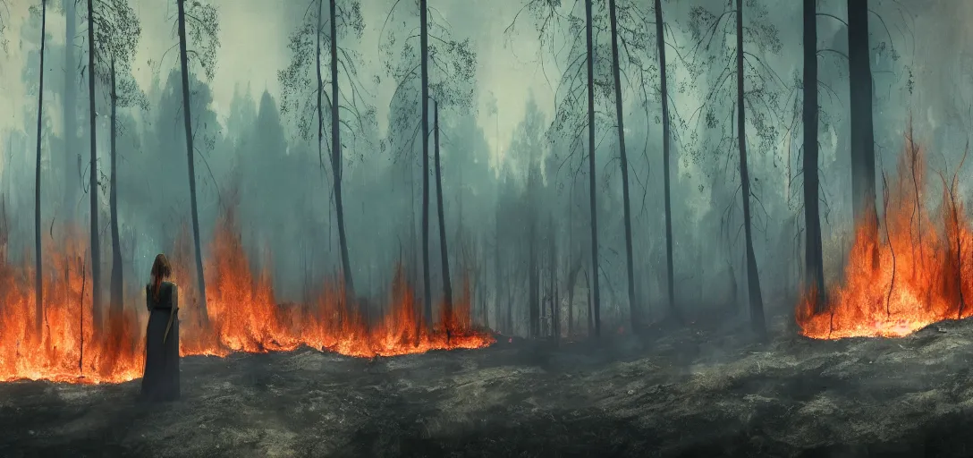 Prompt: Young woman looking at a forest fire, deep burning forest, smoke on the ground, Bleak. horror, scary Dark mood. Mysterious. Doom. Realistic painting. photobashing, matte painting, highly detailed, uhd, 8k,