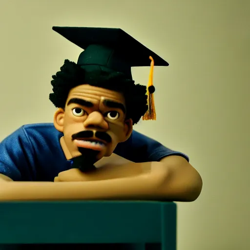 Image similar to a cinematic film still of a claymation stop motion film starring chance the rapper as a college student, shallow depth of field, 8 0 mm, f 1. 8