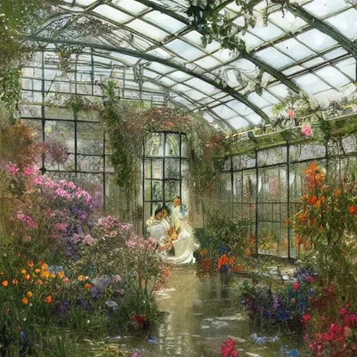 Image similar to a beautifull intricate greenhouse with many flowers, reflexions, verry high details by william turner art, greg rutkowski and alphonse mucha, trending on artstation, very very detailed, masterpiece, - h 1 2 8 0 - w 6 4 0