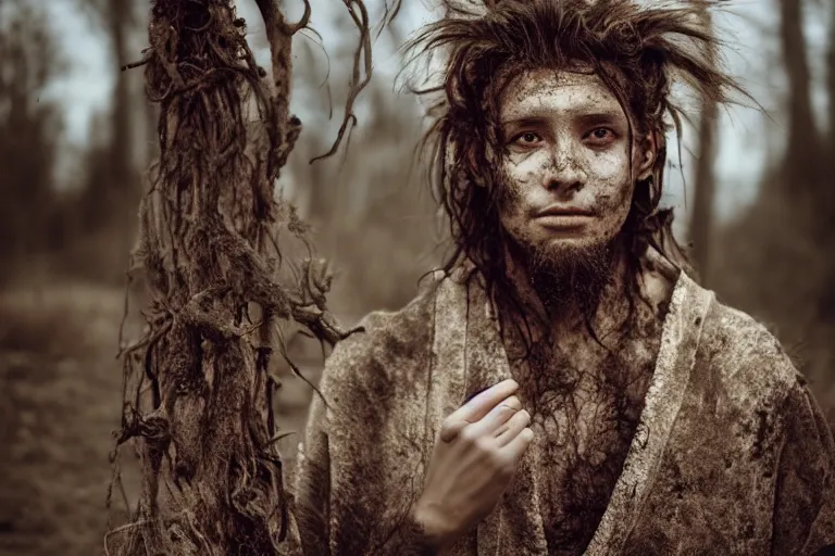 Image similar to character and environment photography, portrait shamanistic infested 2 0 - year - old male druid, messy hair, old tattered robe, medium shot, wide angle, 2 0 0 px, full front, natural light