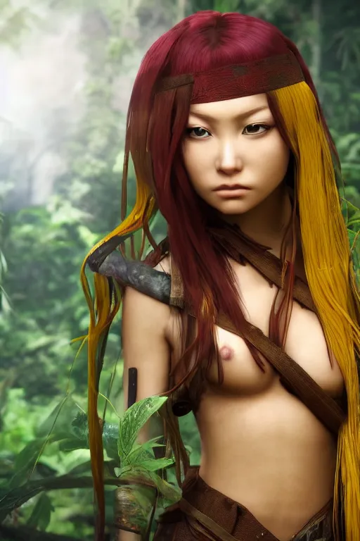 Prompt: render of a realistic anime warrior woman with long yellow hair in a jungle, detailed render, beautiful face, octane engine