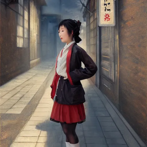 Image similar to a perfect, realistic professional oil painting in rococo style, of a Japanese schoolgirl posing in a dystopian alleyway, close-up, by a professional American senior artist on ArtStation, a high-quality hollywood-style concept