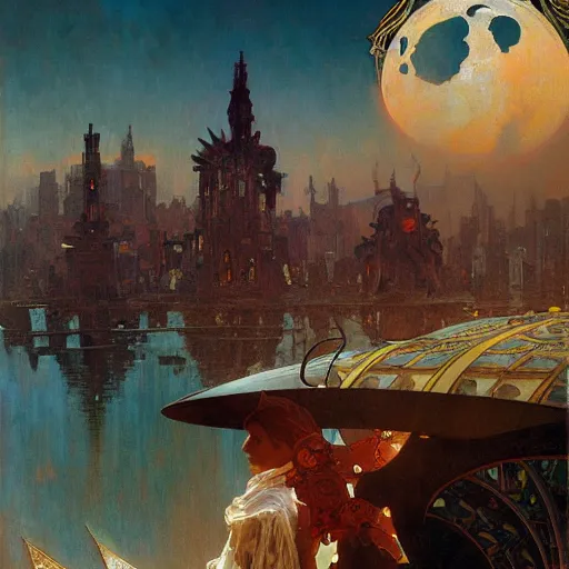Image similar to black sun over floating city in hell, highly detailed painting by ilya kuvshinov, alphonse mucha, gaston bussiere, craig mullins, j. c. leyendecker