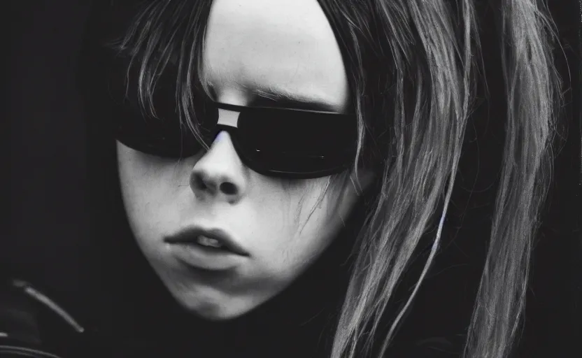 Image similar to cinestill 5 0 d candid photographic portrait by stanley kubrick of billie eilish as an android wearing black techwear on a brutalist dystopian spaceship, extreme closeup, modern cyberpunk moody emotional cinematic, liminal overgrown god rays, 8 k, hd, high resolution, 3 5 mm, f / 3 2, ultra realistic faces, ex machina