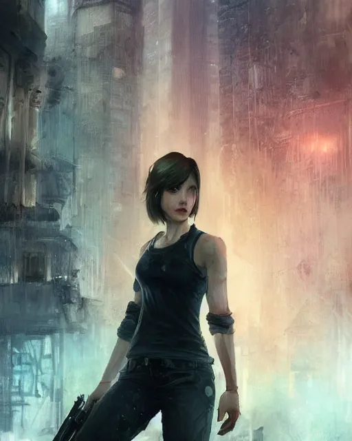 Image similar to beautiful charismatic, rugged jill valentine, face centered portrait, confident, ruined cityscape, fog, rain, volumetric lighting, soft light particles floating near her, illustration, perfectly shaded, soft painting, art by krenz cushart and wenjun lin