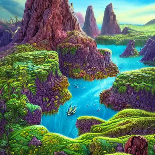 Image similar to fantasy illustration of a lush natural scene on an alien planet by brian millar. detailed. beautiful landscape. colourful weird vegetation. cliffs and water.