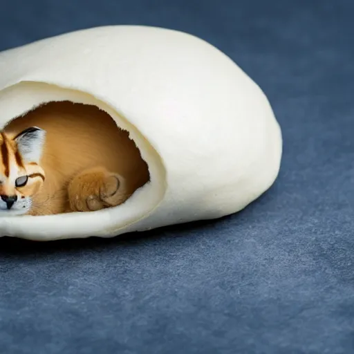 Prompt: A delicious steamed bun in the shape of cute caracal. Studio lighting, High resolution, high quality, dark background