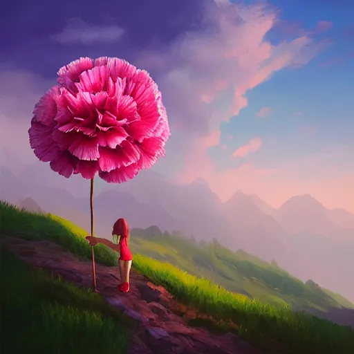 Image similar to giant carnation flower as a head, girl hiking in the mountains, surreal photography, sunrise, dramatic light, impressionist painting, colorful clouds, digital painting, artstation, simon stalenhag