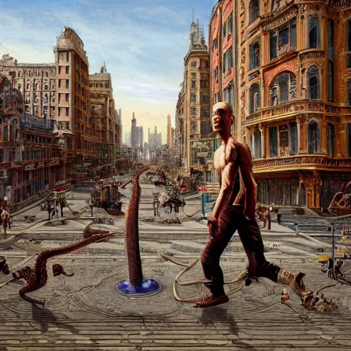 Image similar to humanoid reptilian man walks through the center of a city, extremely detailed oil painting, 1 9 2 0's colored pencil, highly detailed, highly accurate, deep aesthetic, 8 k, highly ornate intricate details, cinematic lighting, rich colors, beautiful scenic view, ray tracing, hyperrealistic, photorealistic, cinematic landscape, trending on artstation, concept art,