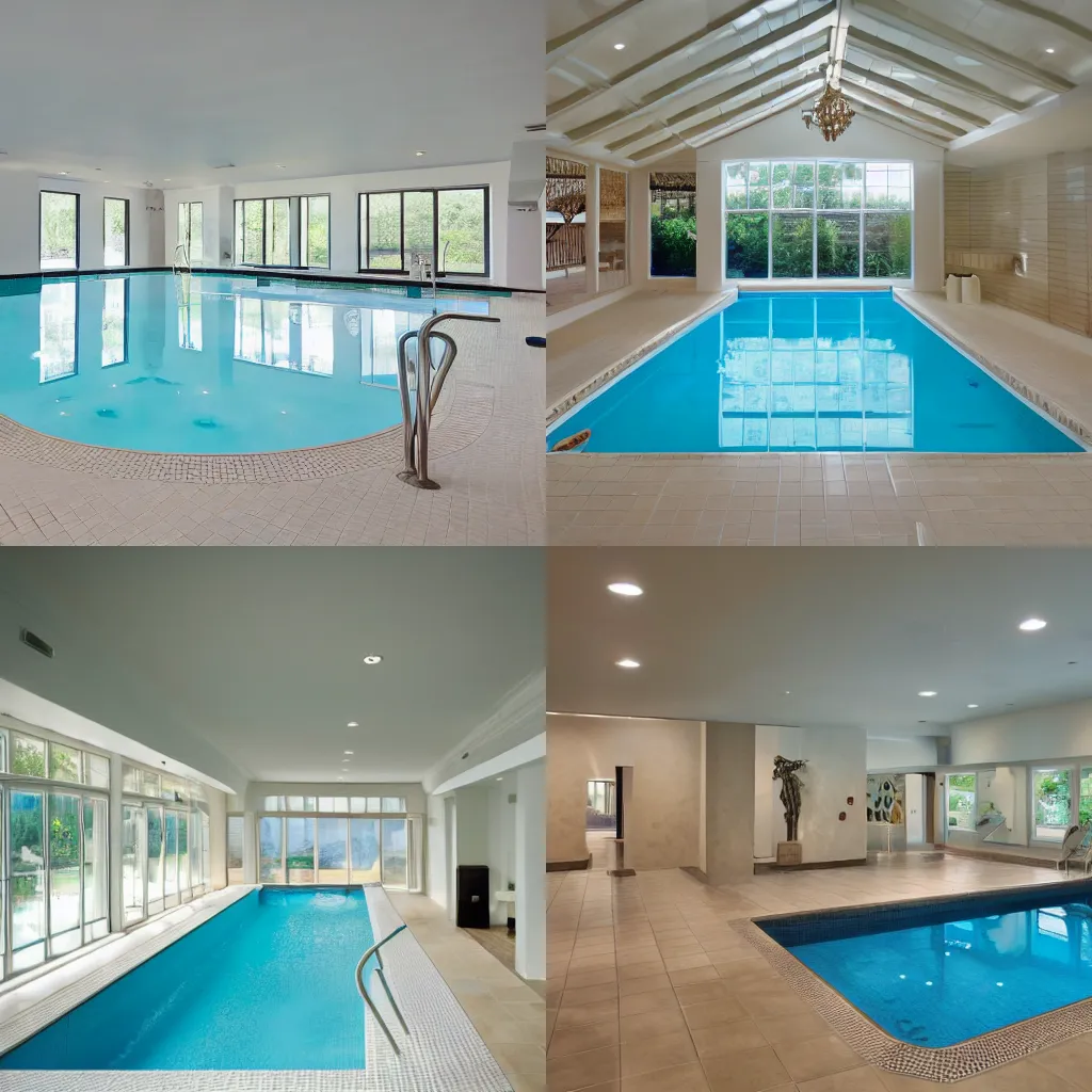 poolrooms, modern indoor pool, grey tiling, liminal, Stable Diffusion