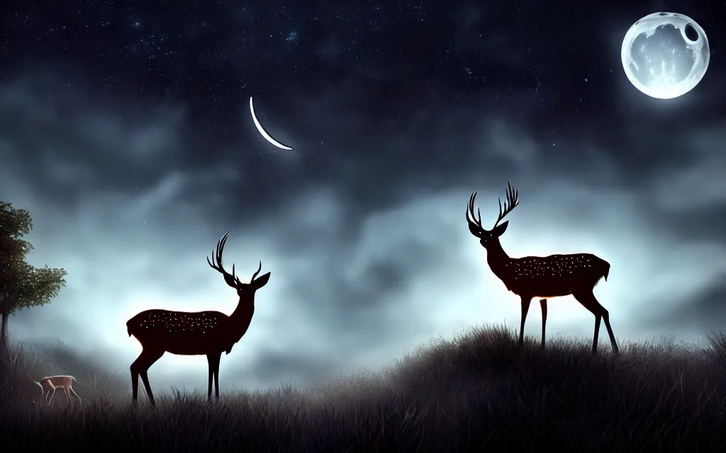 Prompt: a deer in headlights, dark night!, crescent moon, clouds, stars in the sky, trees on either side, beautiful lighting, vivid colors!, highly detailed, cinematic, 4 k, trending on artstation, deviantart featured