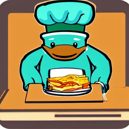 Image similar to cute platypus on a kitchen wearing a chef hat and holding a lasagna into an oven, logo style