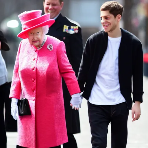 Image similar to pete davidson walking on the street, holding hands with queen elizabeth, candid photo