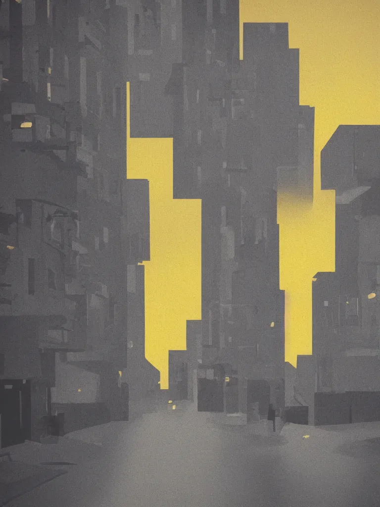 Image similar to gray street of the 8 0 s city, yellow sky as background, hyper realistic