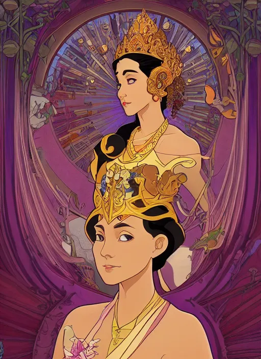 Image similar to well - lit art nouveau portrait of queen sirikrit of thailand, natural lighting, path traced, highly detailed, high quality, cartoon, digital painting, by don bluth and ross tran and studio ghibli and alphonse mucha