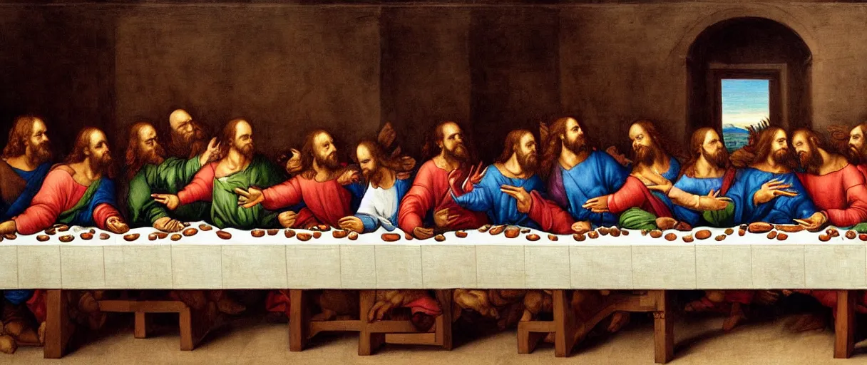 Prompt: the last supper but everyone is an animal. Painting in the style of Leonardo Da Vinci