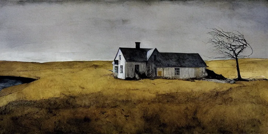 Prompt: a lonely house, painting by Andrew Wyeth