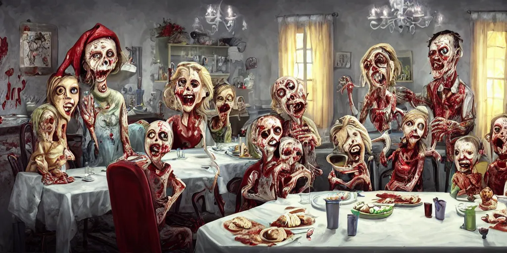 Image similar to a zombie family christmas diner, wide angle, super highly detailed, professional digital painting, artstation, concept art, smooth, sharp focus, no blur, no dof, extreme illustration, unreal engine 5, photorealism, hd quality, 8 k resolution, cinema 4 d, 3 d, beautiful, cinematic, art by tim burton