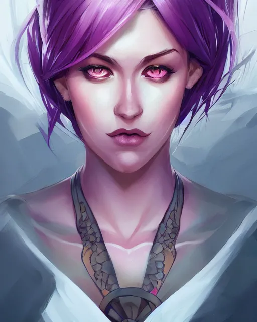 Image similar to beautiful female purple hair tattoo symmetrical face eyes full length fantasy art Video game icon, 2d game art cover , official fanart behance hd artstation by Jesper Ejsing, by RHADS, Makoto Shinkai and Lois van baarle, ilya kuvshinov, rossdraws