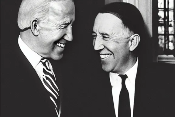 Image similar to “ very very intricate photorealistic photo of hitler and joe biden laughing together, detailed natural lighting, award - winning crisp details ”