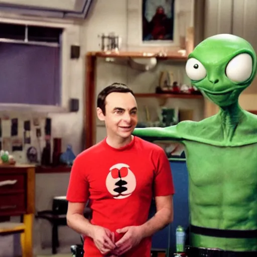 Image similar to paul the alien with sheldon cooper