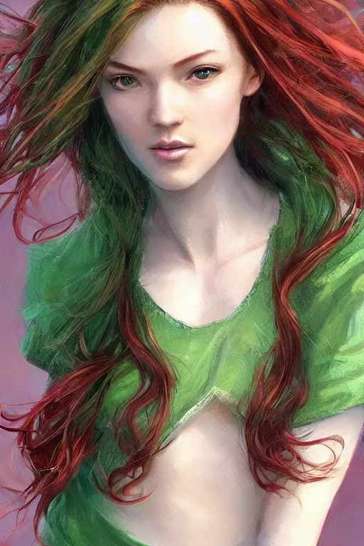 Image similar to beautiful cute red haired joyful and playful 1 9 year old maiden standing up in a green dress, long hair, sci - fi, fantasy, intricate, elegant, digital painting, artstation, concept art, smooth, 8 k frostbite 3 engine, ultra detailed, art by artgerm and greg rutkowski and magali villeneuve