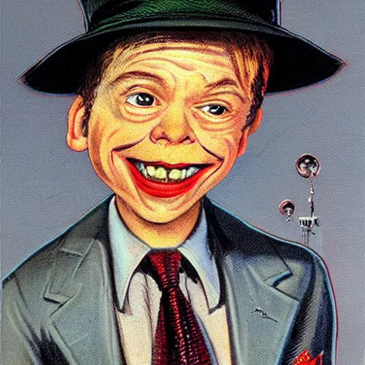 Prompt: high definition portrait of Alfred E Neuman wearing a hat by Frank Kelly Freas