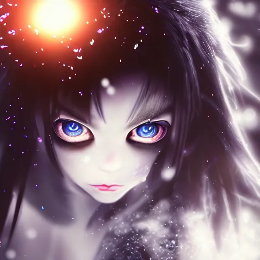 Image similar to photorealistic full body shot of masterpiece angry darkness anime girl, beautifull lovely eyes, electric aura with particles, snowing frozen ice, darkness background, inspired by tim burton, detailed, unreal engine 4 k, volumetric light, fog