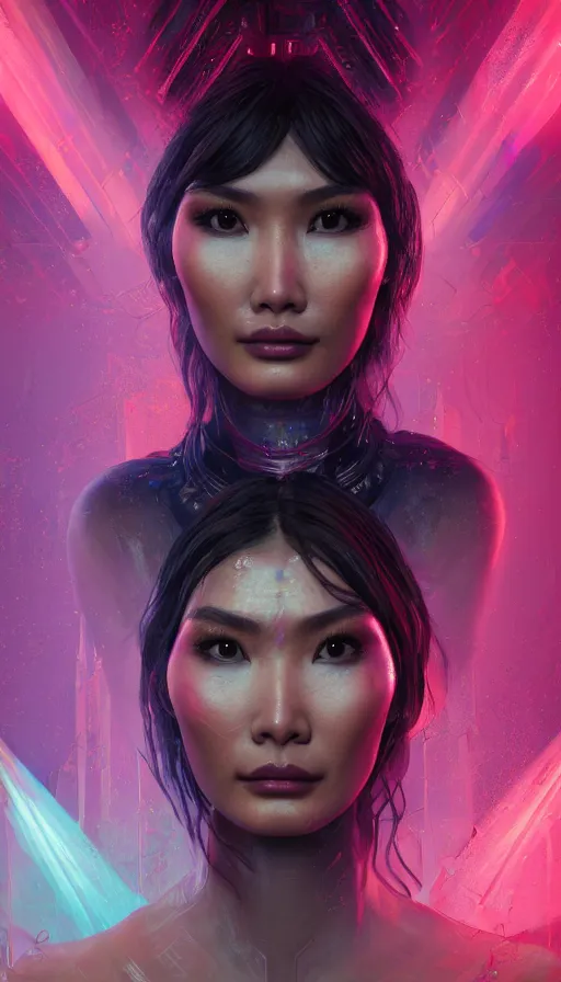 Image similar to portrait of goddess gemma chan symmetric tavern bard, surrealistic, intricate face, crazy expression, sweat, narrow dark streets with exotic dancers, vaporwave aesthetics, 8 k uhd, unreal engine, octane render in the artstyle of finnian macmanus, john park and greg rutkowski