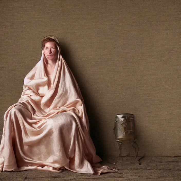 Image similar to a color photograph, closeup portrait of a woman wrapped in linen and silk, sitting on a plastic throne, in glacier national park in montana, color photograph, by vincent desiderio, canon eos c 3 0 0, ƒ 1. 8, 3 5 mm, 8 k, medium - format print