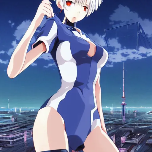 Prompt: anime art, anime fullbody shot of female rei ayanami, long blue hair and large eyes, finely detailed perfect face, in a modern skintight plugsuit, laying on a rooftop, flooded metropolis in ruins, red sea, trending on pixiv fanbox, evangelion, extremely high quality artwork by ilya kuvshinov