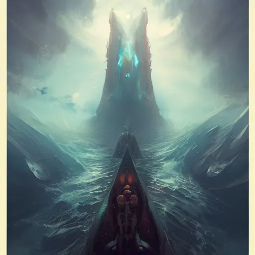 Prompt: gods of the deep, throne worlds, ascendent plane, art by Tom Bagshaw and ismail inceoglu