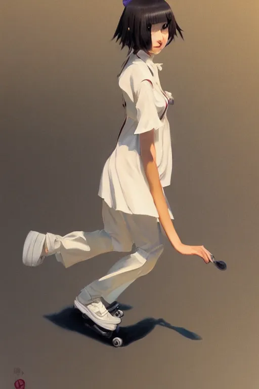 Image similar to A ultradetailed beautiful panting of a stylish woman in a maid outfit skateboarding, Oil painting, by Ilya Kuvshinov, Greg Rutkowski and Makoto Shinkai