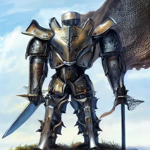 Prompt: a big medieval mech, sword, pixiv, hyperrealistic