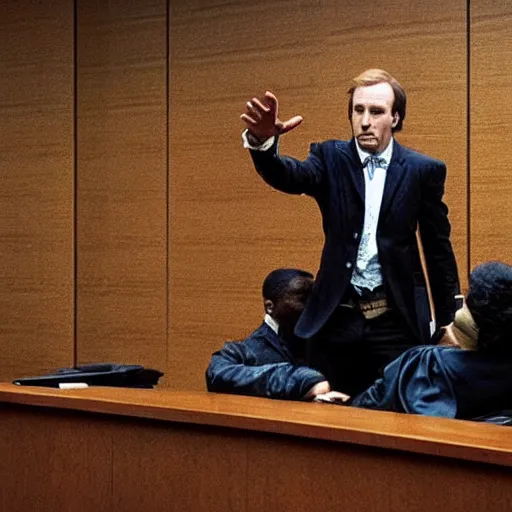 Prompt: photograph of saul goodman defending emperor palpatine in court