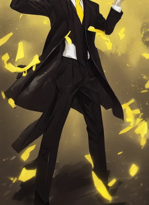 Image similar to a highly detailed illustration of kento yamazaki as pale skin hero wearing black suit and tie with coattails, yellow eyes, dramatic standing pose, intricate, elegant, highly detailed, centered, digital painting, artstation, concept art, smooth, sharp focus, league of legends concept art, wlop.