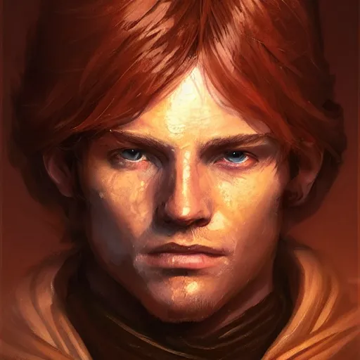 Image similar to portrait of a man by greg rutkowski, jedi knight owen skywalker, messy copper hair, jedi robes, star wars expanded universe, he is about 2 0 years old, wearing jedi robes, highly detailed portrait, digital painting, artstation, concept art, smooth, sharp foccus ilustration, artstation hq