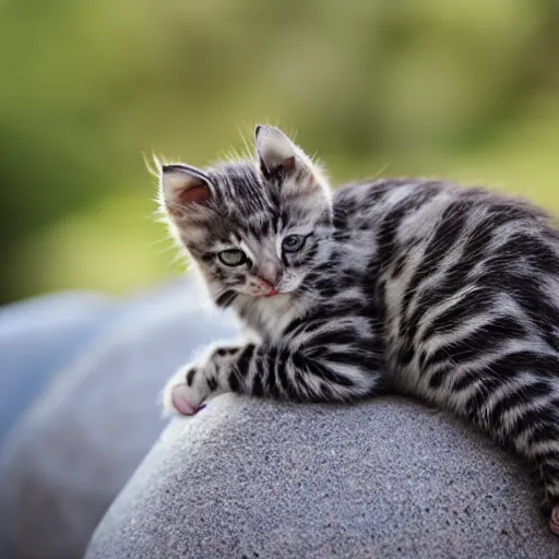 Image similar to a zombie kitten, sitting on the stone, photo taken on a nikon, highly detailed, elegant, sharp focus